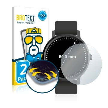 Front side of a product packaging with the brand logo BROTECT. Next to it is the device Watches (Circular, ø: 50 mm) shown wit