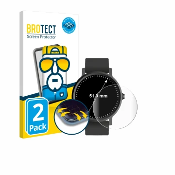 Front side of a product packaging with the brand logo BROTECT. Next to it is the device Watches (Circular, ø: 51 mm) shown wit