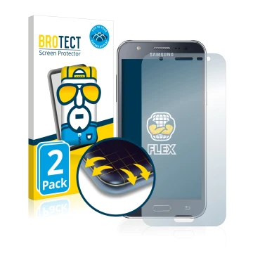 Front side of a product packaging with the brand logo BROTECT. Next to it is the device Samsung Galaxy J5 2015 shown with the 