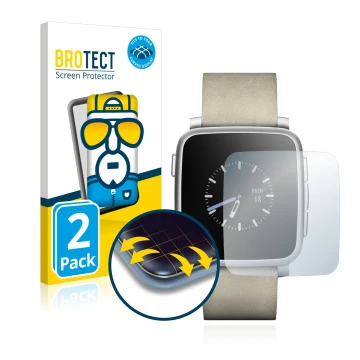 Front side of a product packaging with the brand logo BROTECT. Next to it is the device Pebble Time Steel shown with the corre