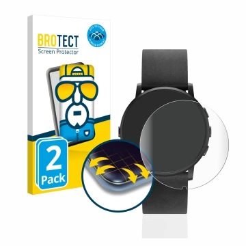 Front side of a product packaging with the brand logo BROTECT. Next to it is the device Pebble Time Round shown with the corre