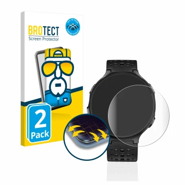 Front side of a product packaging with the brand logo BROTECT. Next to it is the device Garmin Forerunner 235 shown with the c
