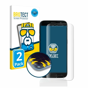 Front side of a product packaging with the brand logo BROTECT. Next to it is the device Samsung Galaxy S7 shown with the corre