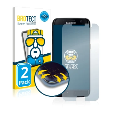Front side of a product packaging with the brand logo BROTECT. Next to it is the device Samsung Galaxy S7 Edge shown with the 