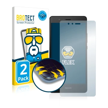 Front side of a product packaging with the brand logo BROTECT. Next to it is the device Huawei P9 shown with the corresponding