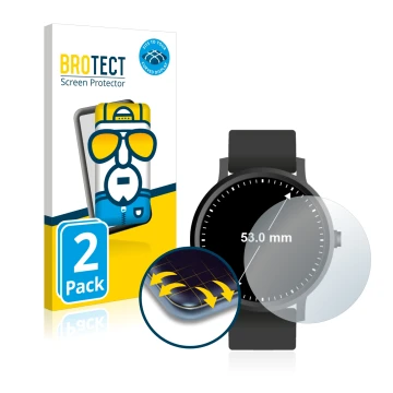 Front side of a product packaging with the brand logo BROTECT. Next to it is the device Watches (Circular, ø: 53 mm) shown wit