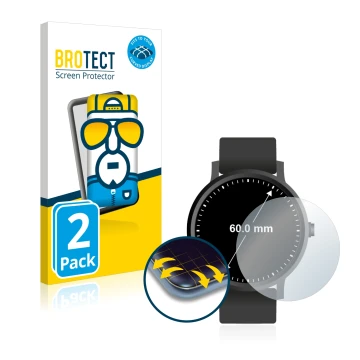 Front side of a product packaging with the brand logo BROTECT. Next to it is the device Watches (Circular, ø: 60 mm) shown wit
