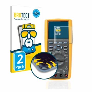 Front side of a product packaging with the brand logo BROTECT. Next to it is the device Fluke MultiMeter 289 shown with the co