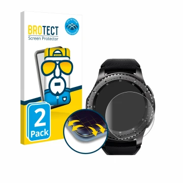 Front side of a product packaging with the brand logo BROTECT. Next to it is the device Samsung Gear S3 Frontier shown with th