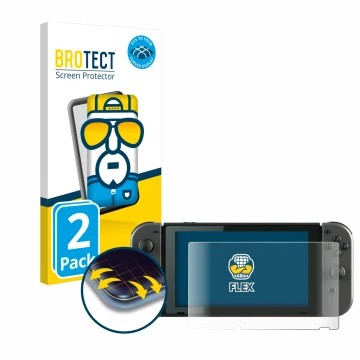 Front side of a product packaging with the brand logo BROTECT. Next to it is the device Nintendo Switch shown with the corresp