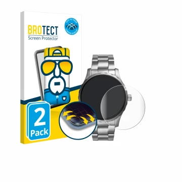 Front side of a product packaging with the brand logo BROTECT. Next to it is the device Fossil Q Marshal (2.Gen) shown with th