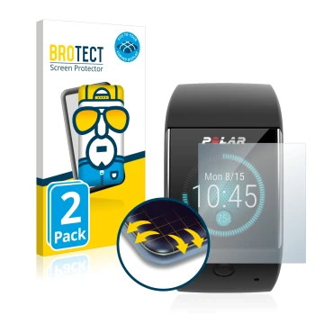 Front side of a product packaging with the brand logo BROTECT. Next to it is the device Polar M600 shown with the correspondin