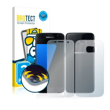 Front side of a product packaging with the brand logo BROTECT. Next to it is the device Samsung Galaxy S7 (Front+Back) shown w