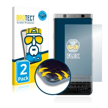 Front side of a product packaging with the brand logo BROTECT. Next to it is the device BlackBerry Keyone shown with the corre