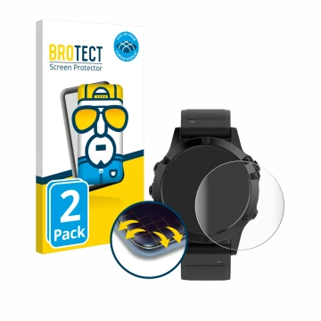 Front side of a product packaging with the brand logo BROTECT. Next to it is the device Garmin Fenix 5 (47 mm) shown with the 