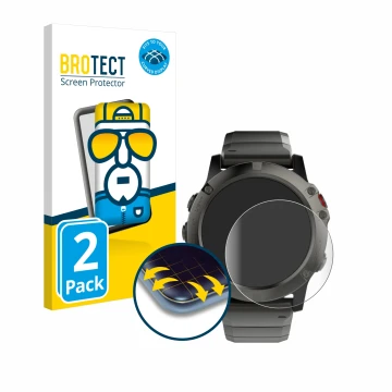 Front side of a product packaging with the brand logo BROTECT. Next to it is the device Garmin Fenix 5X (51 mm) shown with the