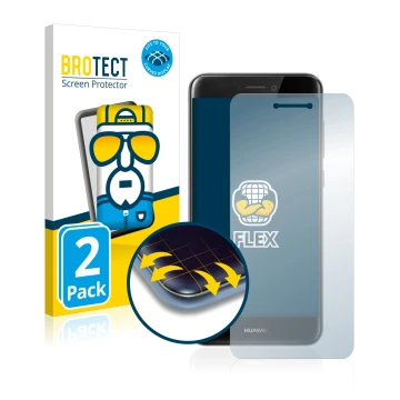 Front side of a product packaging with the brand logo BROTECT. Next to it is the device Huawei P8 Lite 2017 shown with the cor