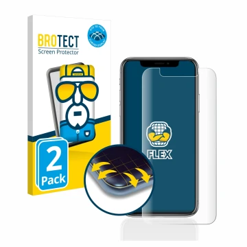 Front side of a product packaging with the brand logo BROTECT. Next to it is the device Apple iPhone X shown with the correspo