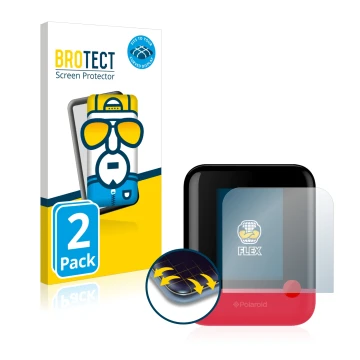 Front side of a product packaging with the brand logo BROTECT. Next to it is the device Polaroid Pop shown with the correspond