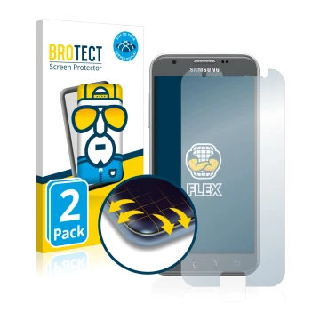 Front side of a product packaging with the brand logo BROTECT. Next to it is the device Samsung Galaxy J3 2017 shown with the 