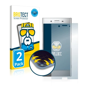 Front side of a product packaging with the brand logo BROTECT. Next to it is the device Sony Xperia XZ Premium shown with the 