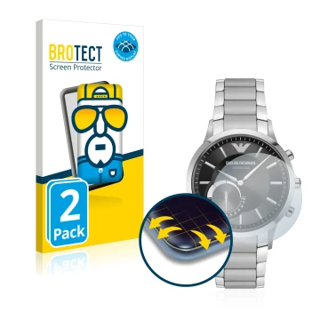 Front side of a product packaging with the brand logo BROTECT. Next to it is the device Emporio Armani Connected Smartwatch Hy