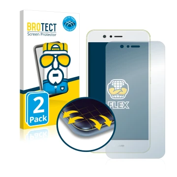 Front side of a product packaging with the brand logo BROTECT. Next to it is the device Huawei Nova 2 shown with the correspon