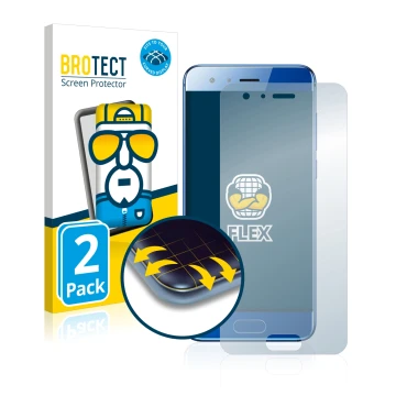 Front side of a product packaging with the brand logo BROTECT. Next to it is the device Honor 9 shown with the corresponding s