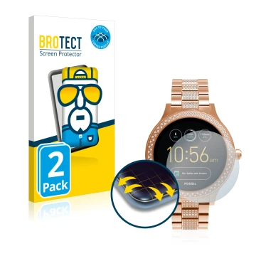 Front side of a product packaging with the brand logo BROTECT. Next to it is the device Fossil Q Venture shown with the corres