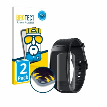 Front side of a product packaging with the brand logo BROTECT. Next to it is the device Samsung Gear Fit 2 Pro shown with the 