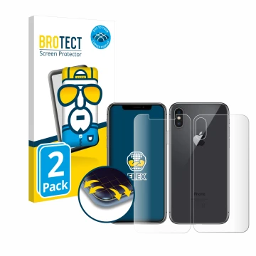Front side of a product packaging with the brand logo BROTECT. Next to it is the device Apple iPhone X (Front+Back) shown with
