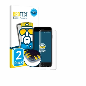 Front side of a product packaging with the brand logo BROTECT. Next to it is the device Apple iPhone 8 shown with the correspo