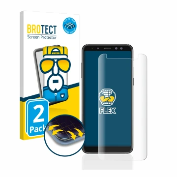 Front side of a product packaging with the brand logo BROTECT. Next to it is the device Samsung Galaxy A8 2018 shown with the 