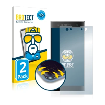 Front side of a product packaging with the brand logo BROTECT. Next to it is the device Sony Xperia XA2 Ultra shown with the c