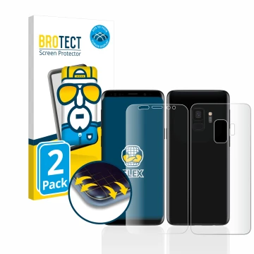 Front side of a product packaging with the brand logo BROTECT. Next to it is the device Samsung Galaxy S9 (Front+Back) shown w
