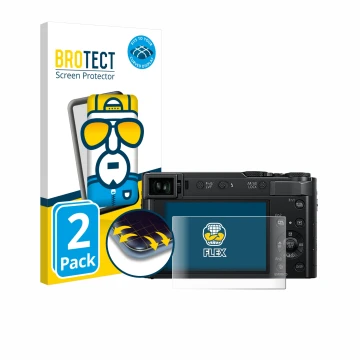 Front side of a product packaging with the brand logo BROTECT. Next to it is the device Panasonic Lumix DC-TZ202 shown with th