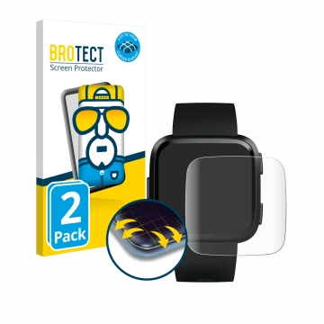 Front side of a product packaging with the brand logo BROTECT. Next to it is the device Fitbit Versa shown with the correspond