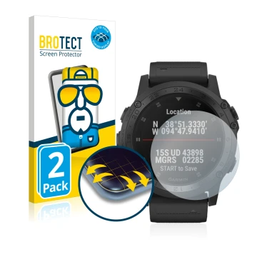 Front side of a product packaging with the brand logo BROTECT. Next to it is the device Garmin Tactix Charlie shown with the c