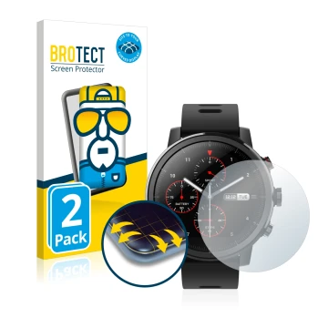 Front side of a product packaging with the brand logo BROTECT. Next to it is the device Huami Amazfit Stratos shown with the c