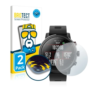 Front side of a product packaging with the brand logo BROTECT. Next to it is the device Huami Amazfit Stratos 2 shown with the