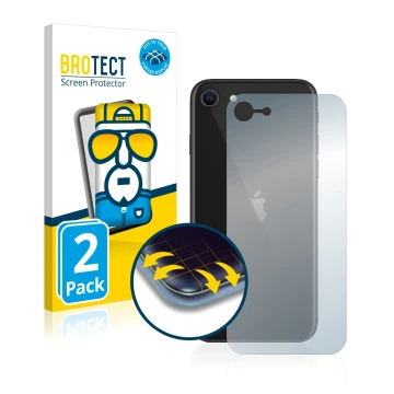 Front side of a product packaging with the brand logo BROTECT. Next to it is the device Apple iPhone SE 2 2020 (Back) shown wi