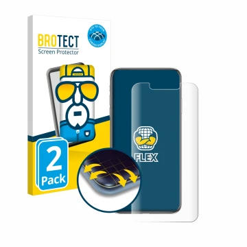 Front side of a product packaging with the brand logo BROTECT. Next to it is the device Apple iPhone Xs Max shown with the cor