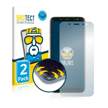 Front side of a product packaging with the brand logo BROTECT. Next to it is the device Samsung Galaxy J6 2018 shown with the 