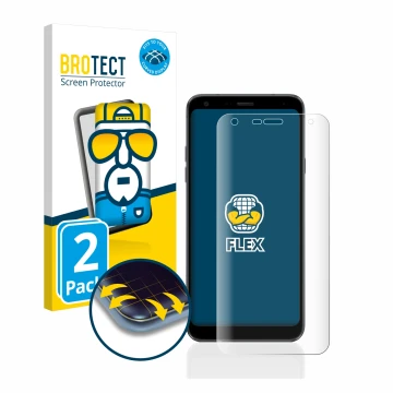 Front side of a product packaging with the brand logo BROTECT. Next to it is the device LG Q7 shown with the corresponding scr