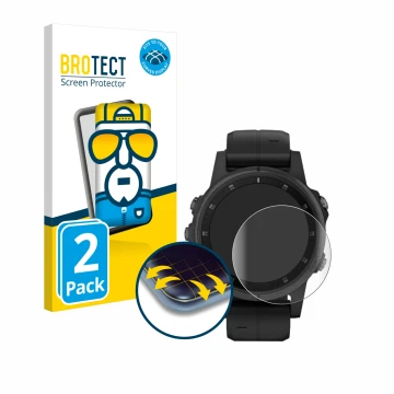Front side of a product packaging with the brand logo BROTECT. Next to it is the device Garmin Fenix 5S Plus (42 mm) shown wit
