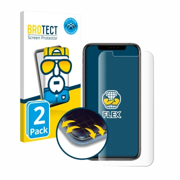 Front side of a product packaging with the brand logo BROTECT. Next to it is the device Apple iPhone Xs shown with the corresp