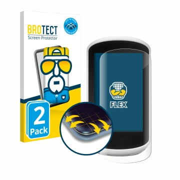 Front side of a product packaging with the brand logo BROTECT. Next to it is the device Garmin Edge Explore 2018 shown with th