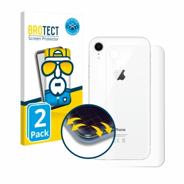 Front side of a product packaging with the brand logo BROTECT. Next to it is the device Apple iPhone XR (Back) shown with the 