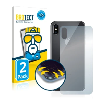 Front side of a product packaging with the brand logo BROTECT. Next to it is the device Apple iPhone Xs Max (Back) shown with 
