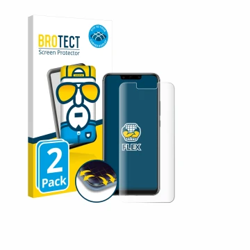 Front side of a product packaging with the brand logo BROTECT. Next to it is the device Huawei Mate 20 lite shown with the cor